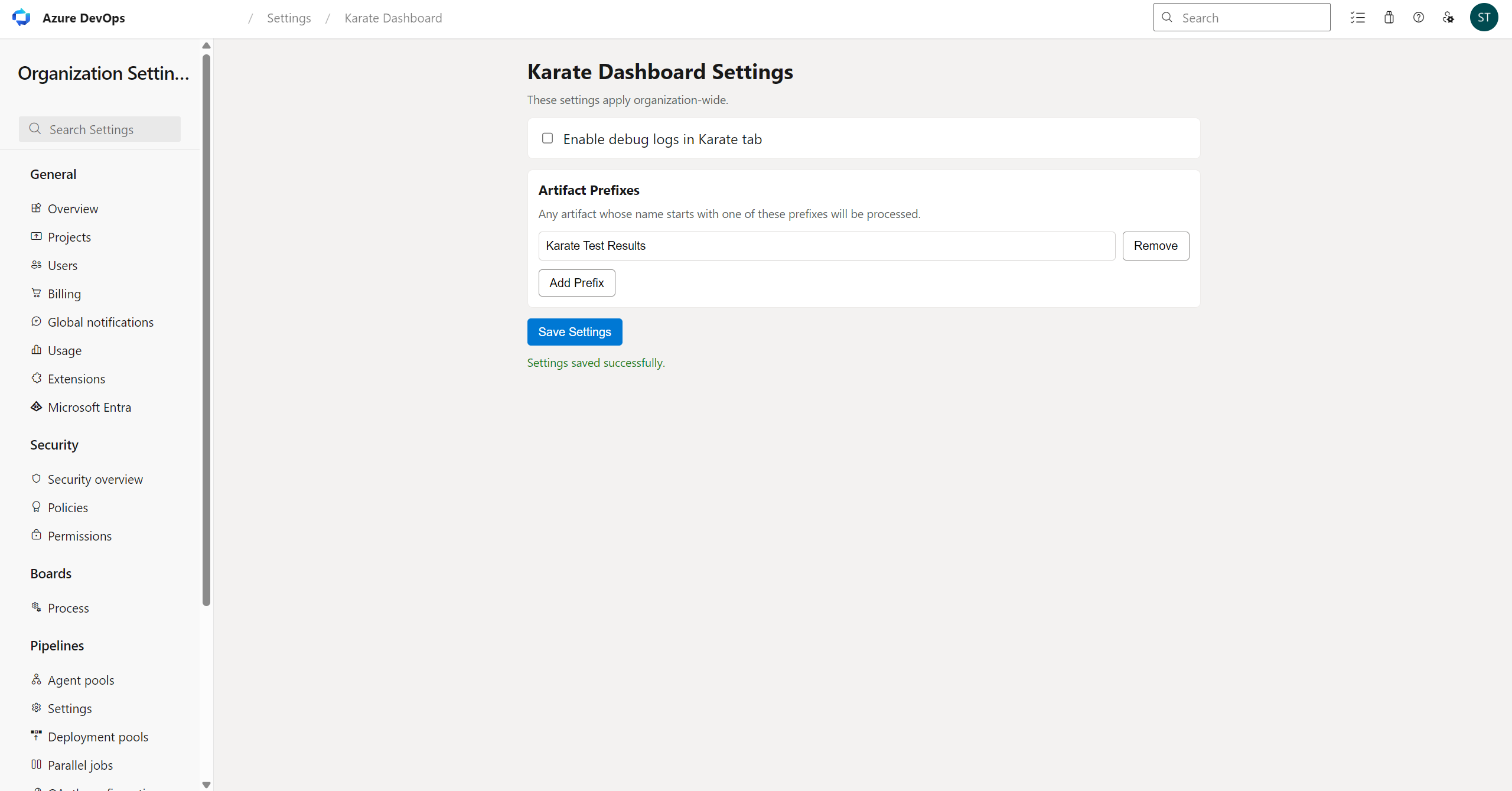 Karate Dashboard Settings